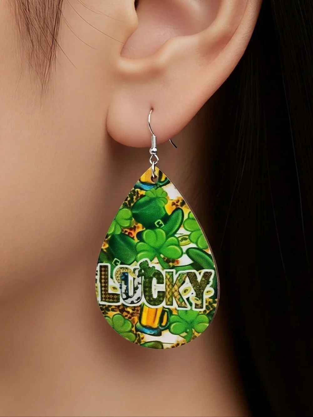 LUCKY Green Shamrock St Patrick's Day Wood Earrings Dangle Teardrop Jewelry